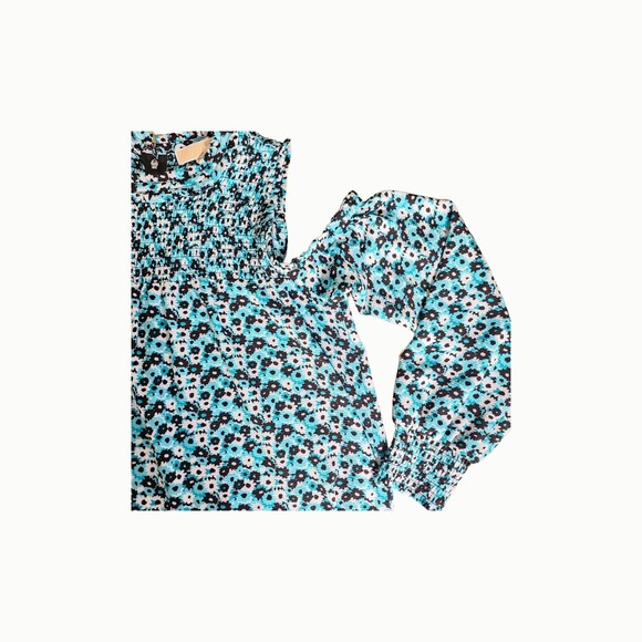 Michael Kors Blue Black Floral Smocked Top Crew neck Women's Size M - Picture 5 of 6